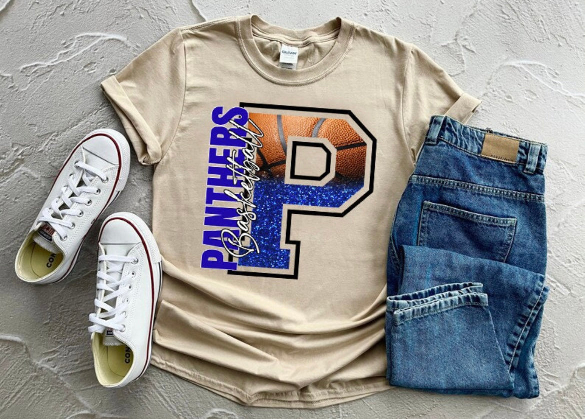 Panthers Basketball Blue Faux Glitter Graphic Shirt