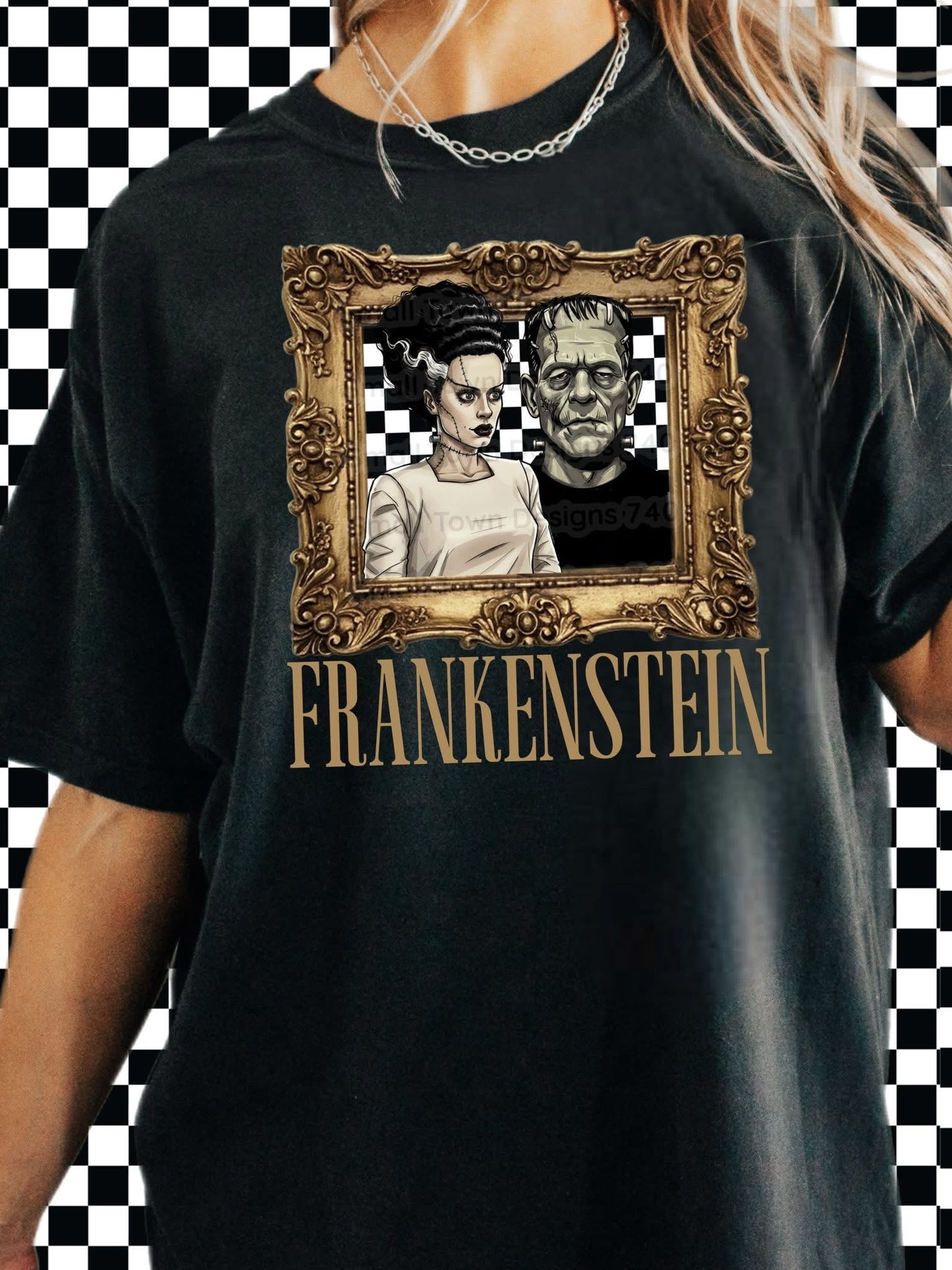 Frankenstein checkered frame horror graphic shirt