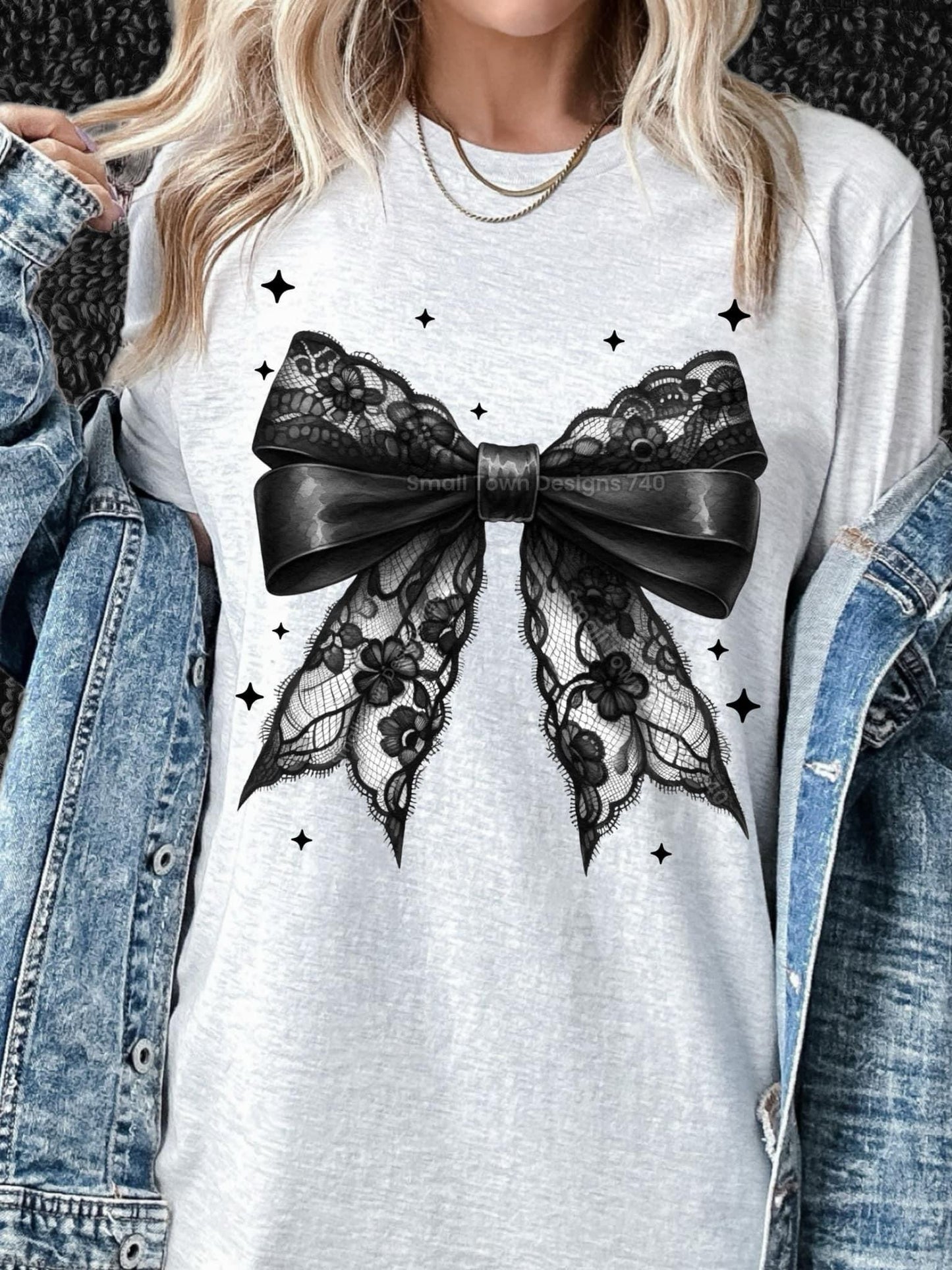 Black lace bow graphic shirt