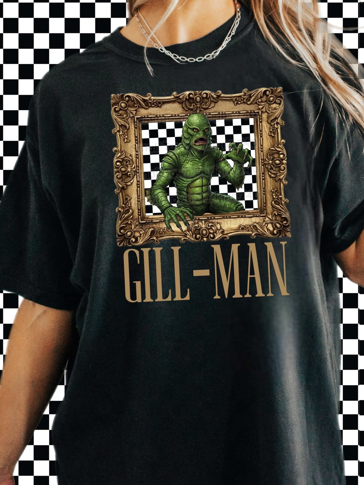 Gill-Man checkered frame horror graphic shirt