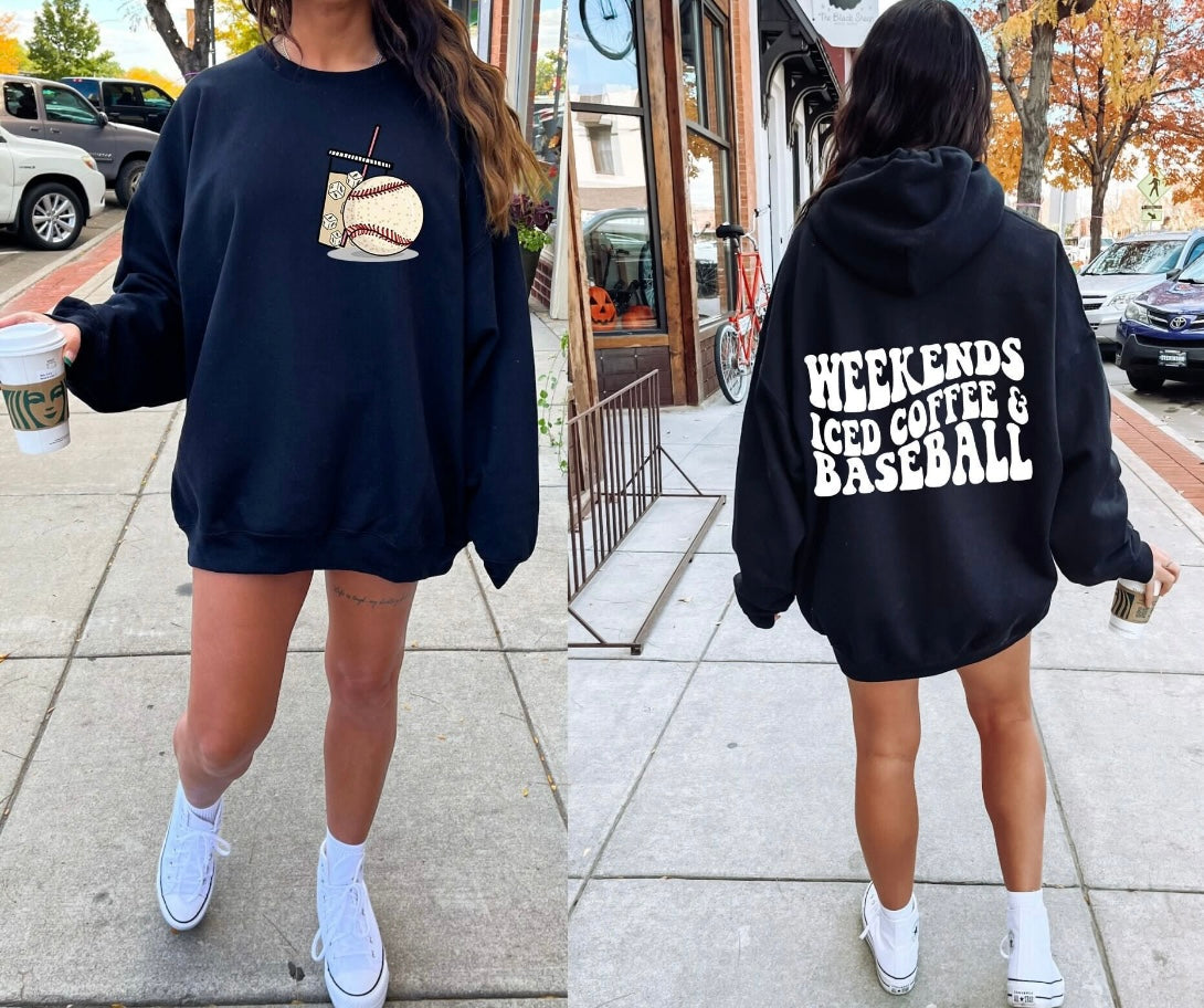 Weekends iced coffee baseball graphic shirt