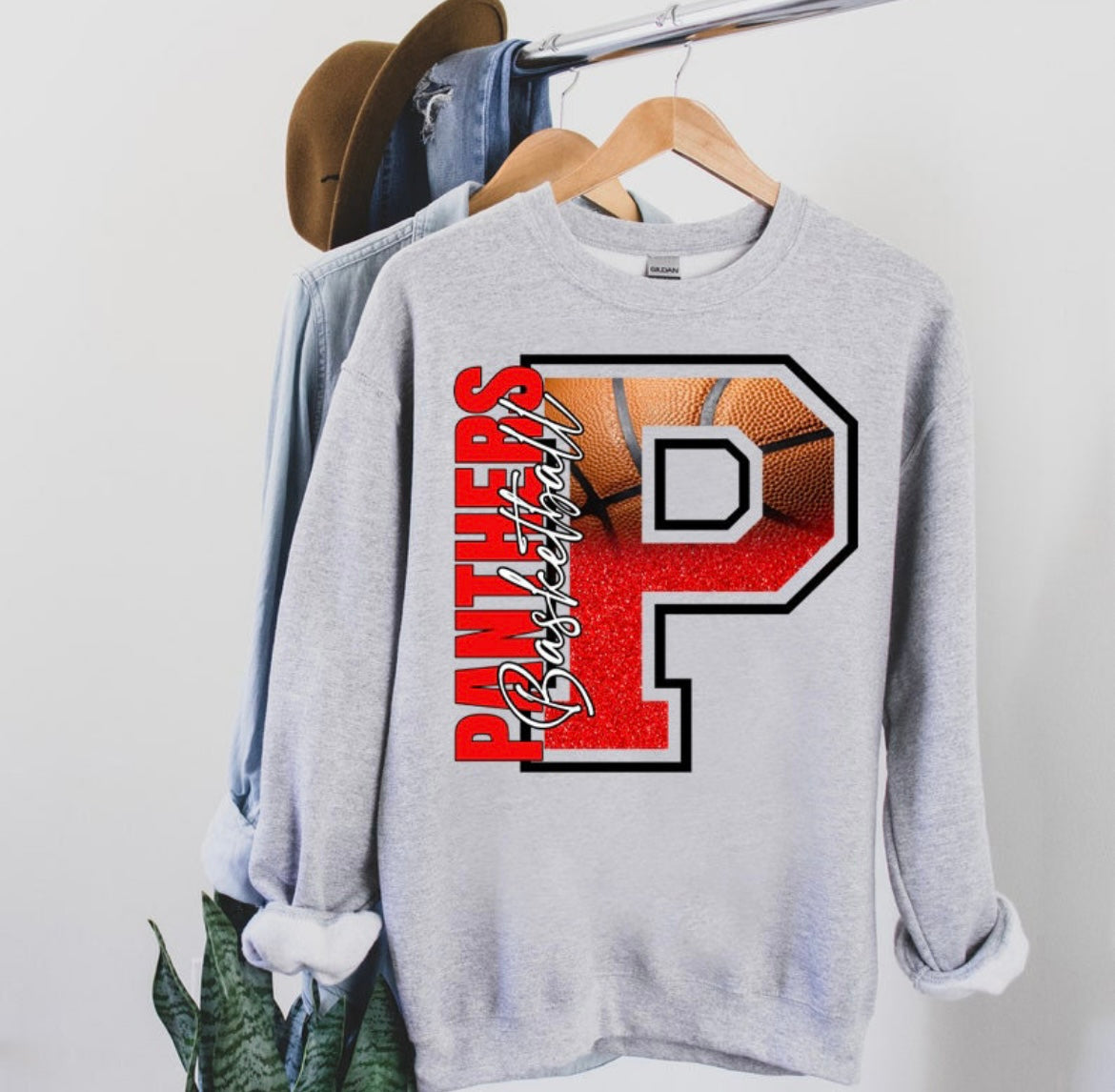 Panthers Basketball Red Faux Glitter Graphic Shirt