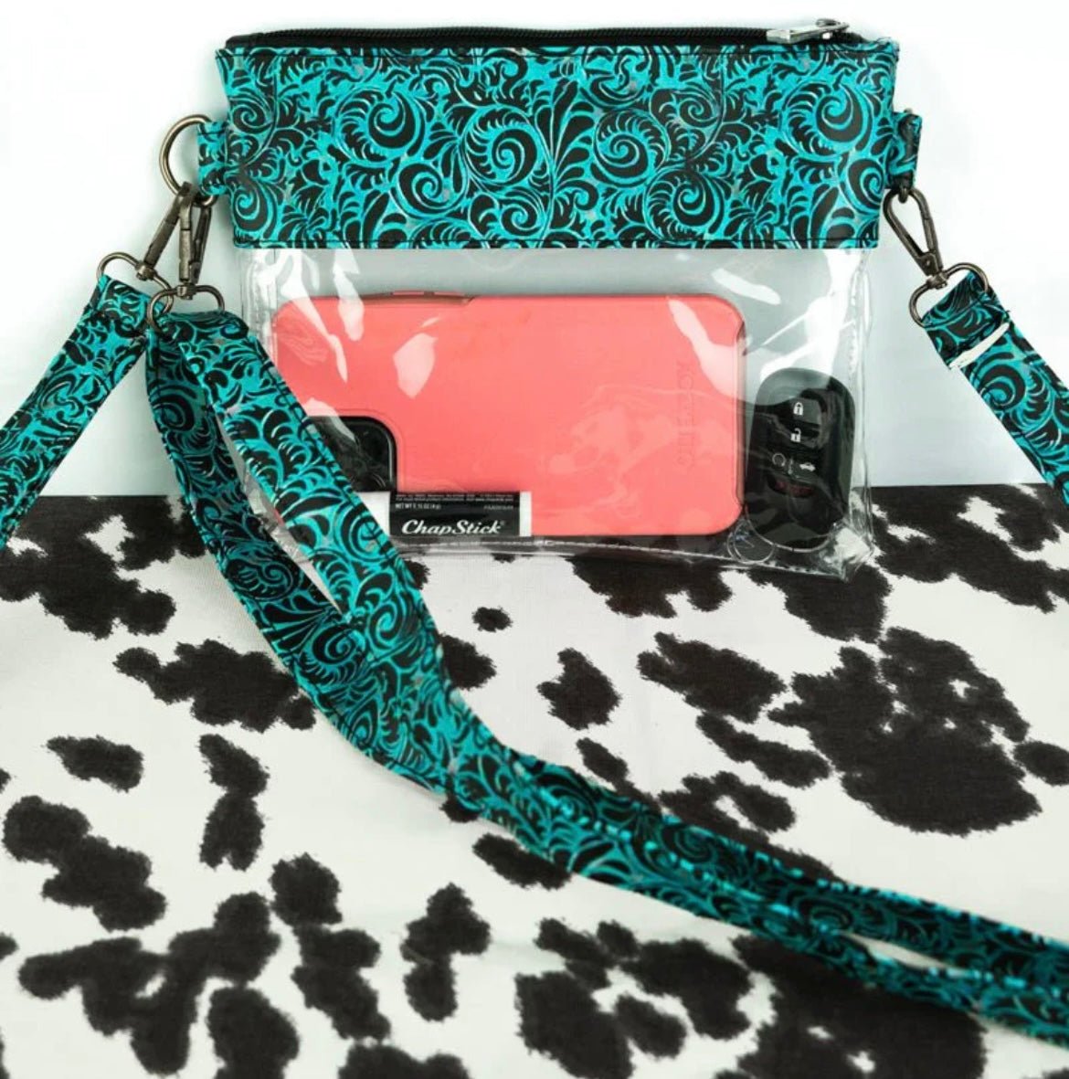 Clear turquoise leather leopard trim crossbody wristlet purse