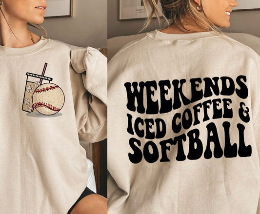 Weekends iced coffee softball graphic shirt