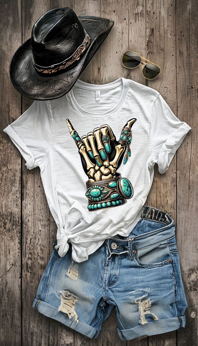 Turquoise rocker skeleton hand graphic shirt