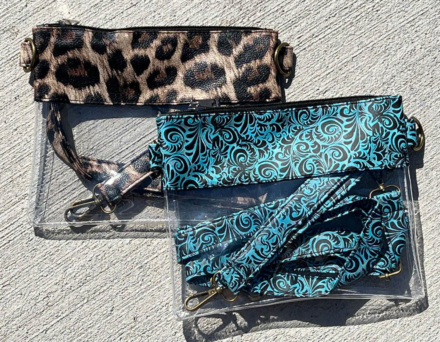 Clear turquoise leather leopard trim crossbody wristlet purse