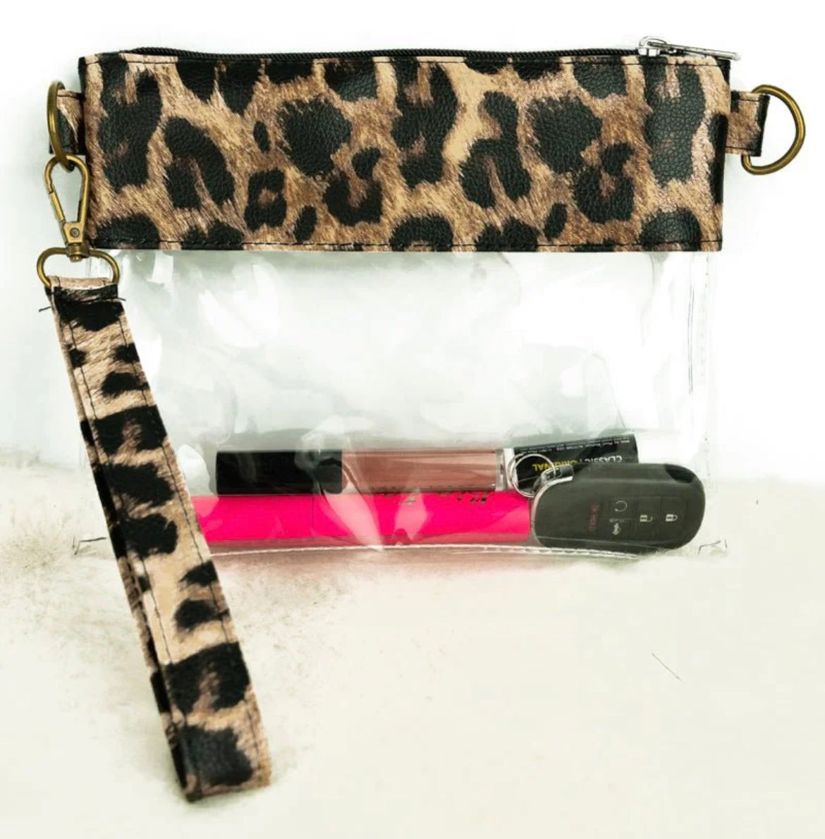 Clear turquoise leather leopard trim crossbody wristlet purse