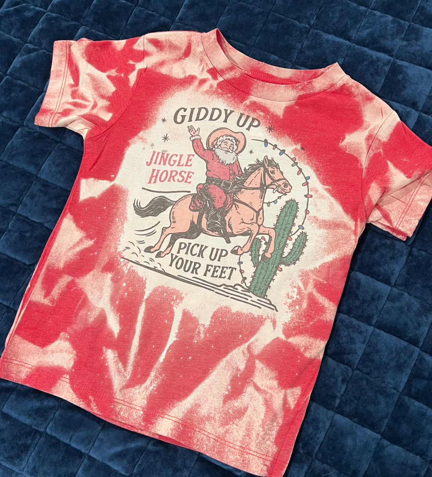 Giddy up jingle horse pick up your feet scrunch bleached graphic shirt