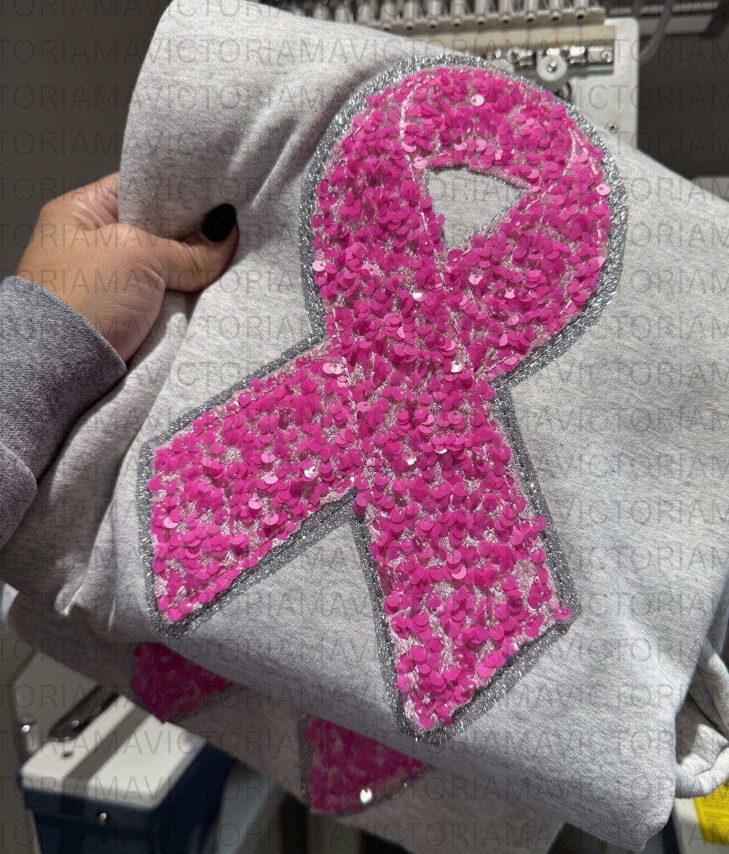 Sequin Cancer Ribbon Embroidered Crew