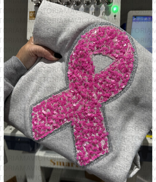 Sequin Cancer Ribbon Embroidered Crew