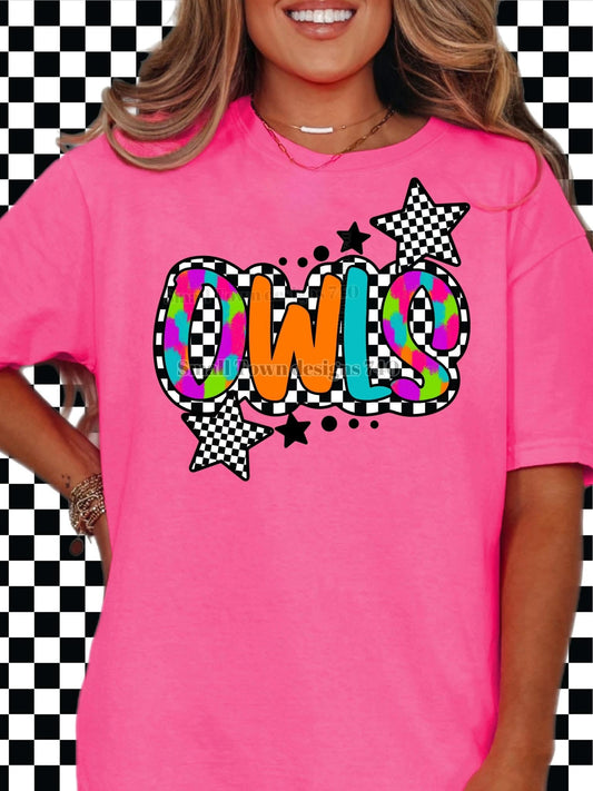 Owls neon checkered graphic shirt