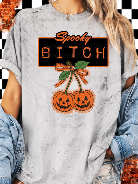 Spooky Bitch Faux Lace Cherry Pumpkins Halloween Graphic Shirt