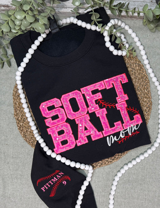 Custom Sport Sequin Applique Embroidered Shirt. Softball Baseball Football