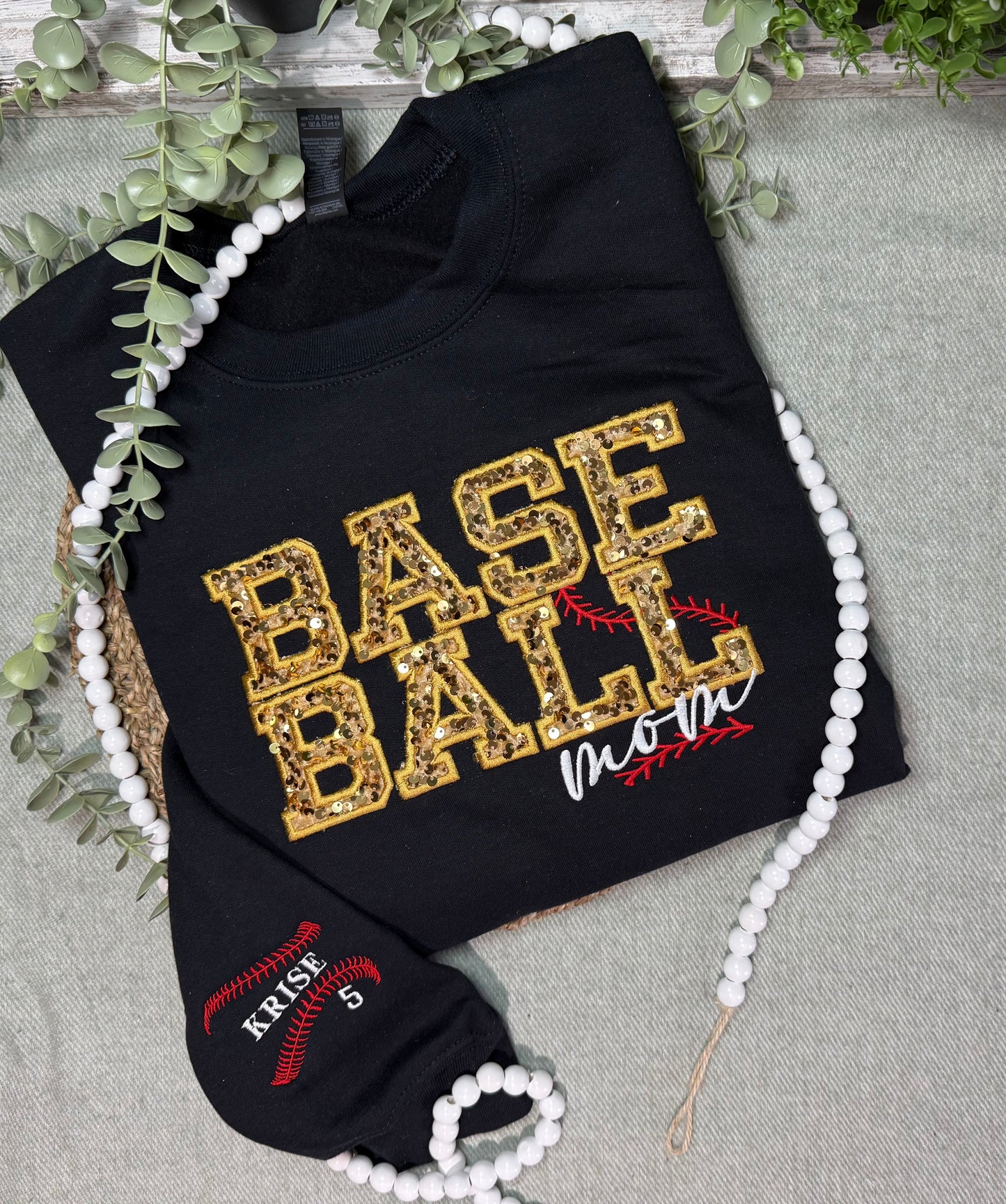 Custom Sport Sequin Applique Embroidered Shirt. Softball Baseball Football