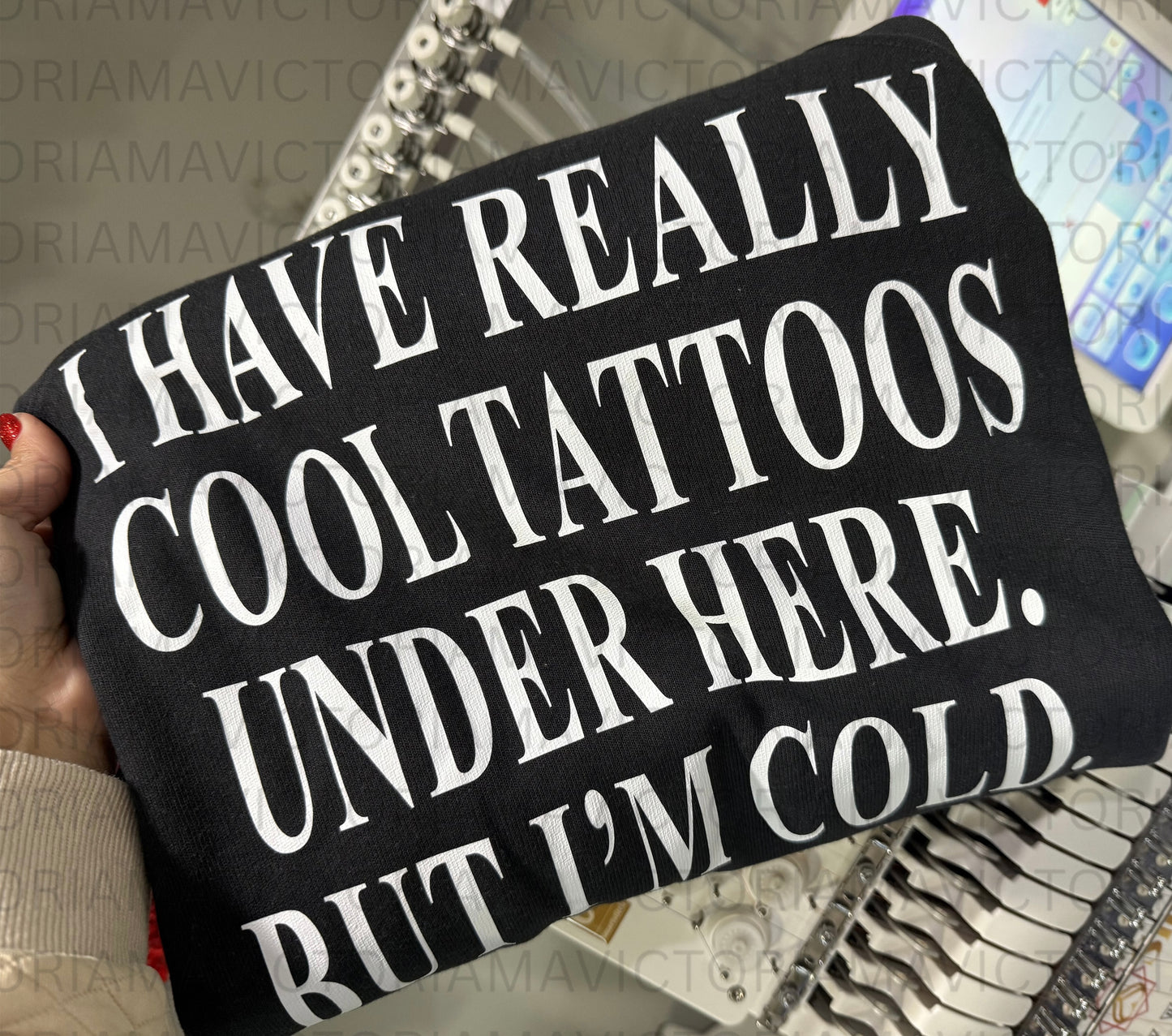 I have really cool tattoos under here. but I’m cold. Graphic shirt