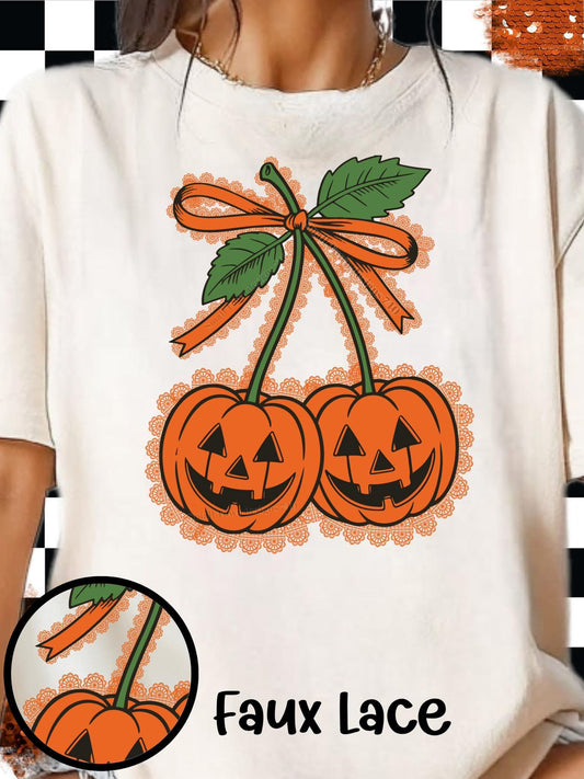 Faux Lace Cherry Pumpkins Halloween Graphic Shirt
