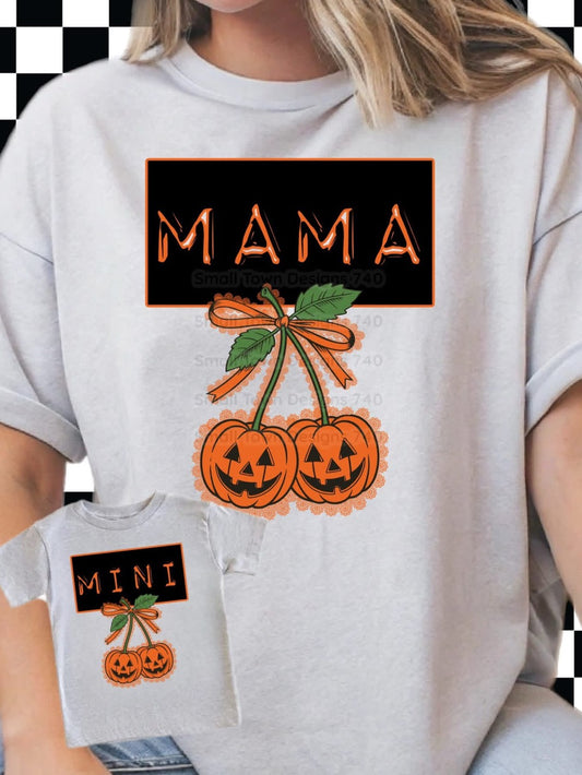 Mama (ONLY MAMA see kids listing for mini) Faux Lace Cherry Pumpkins Halloween Graphic Shirt