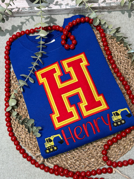 Custom Varsity Letter Excavator Embroidered Sweatshirt.