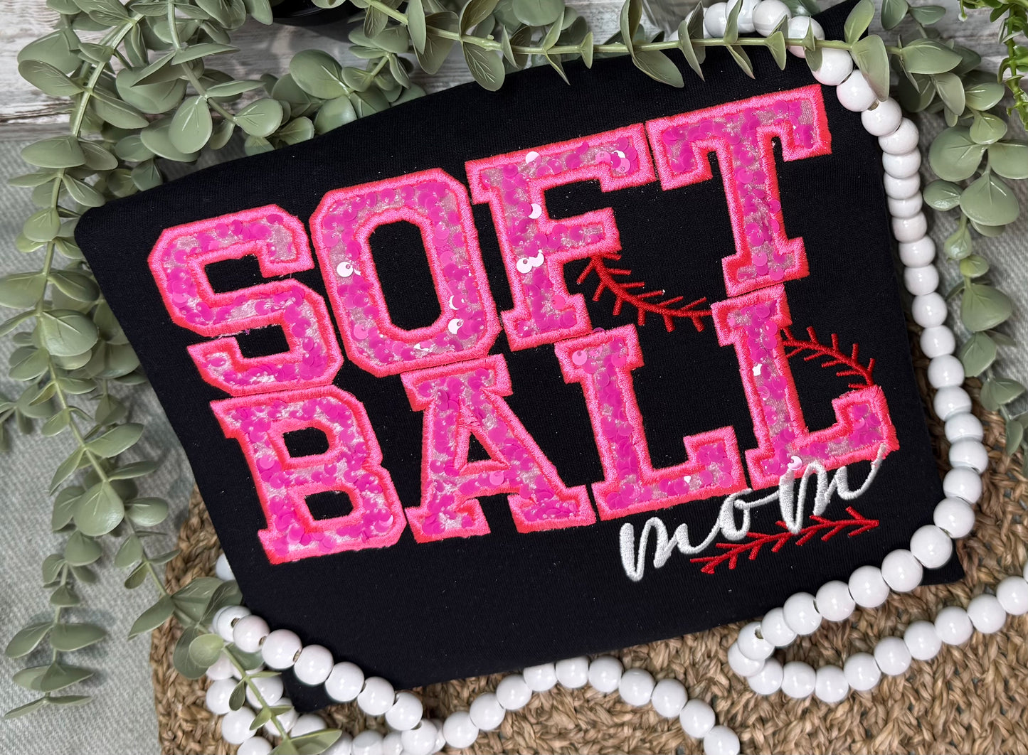 Custom Sport Sequin Applique Embroidered Shirt. Softball Baseball Football