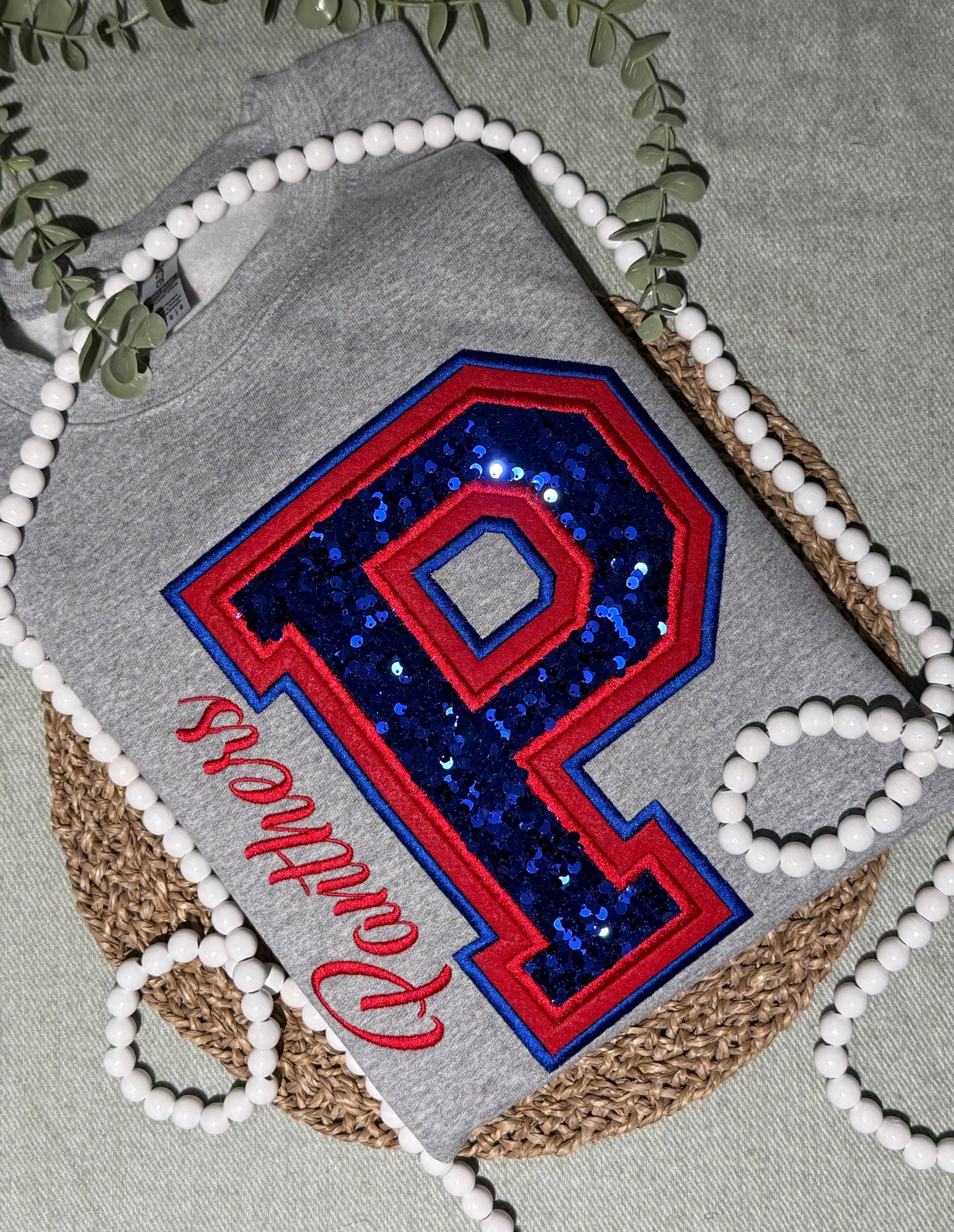 Custom Double Appliqué Embroidered Shirt. letter name mascot sports sequins