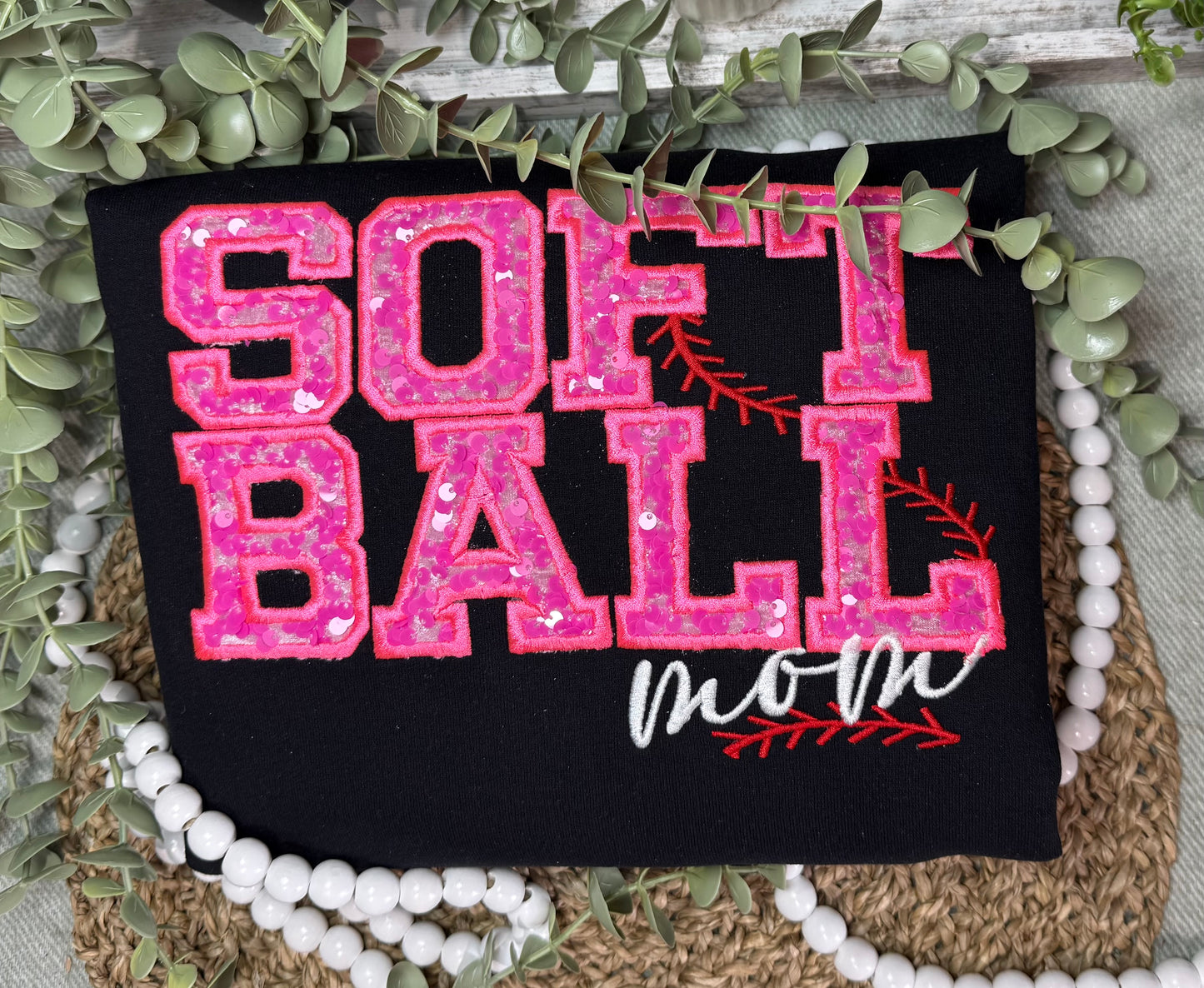 Custom Sport Sequin Applique Embroidered Shirt. Softball Baseball Football