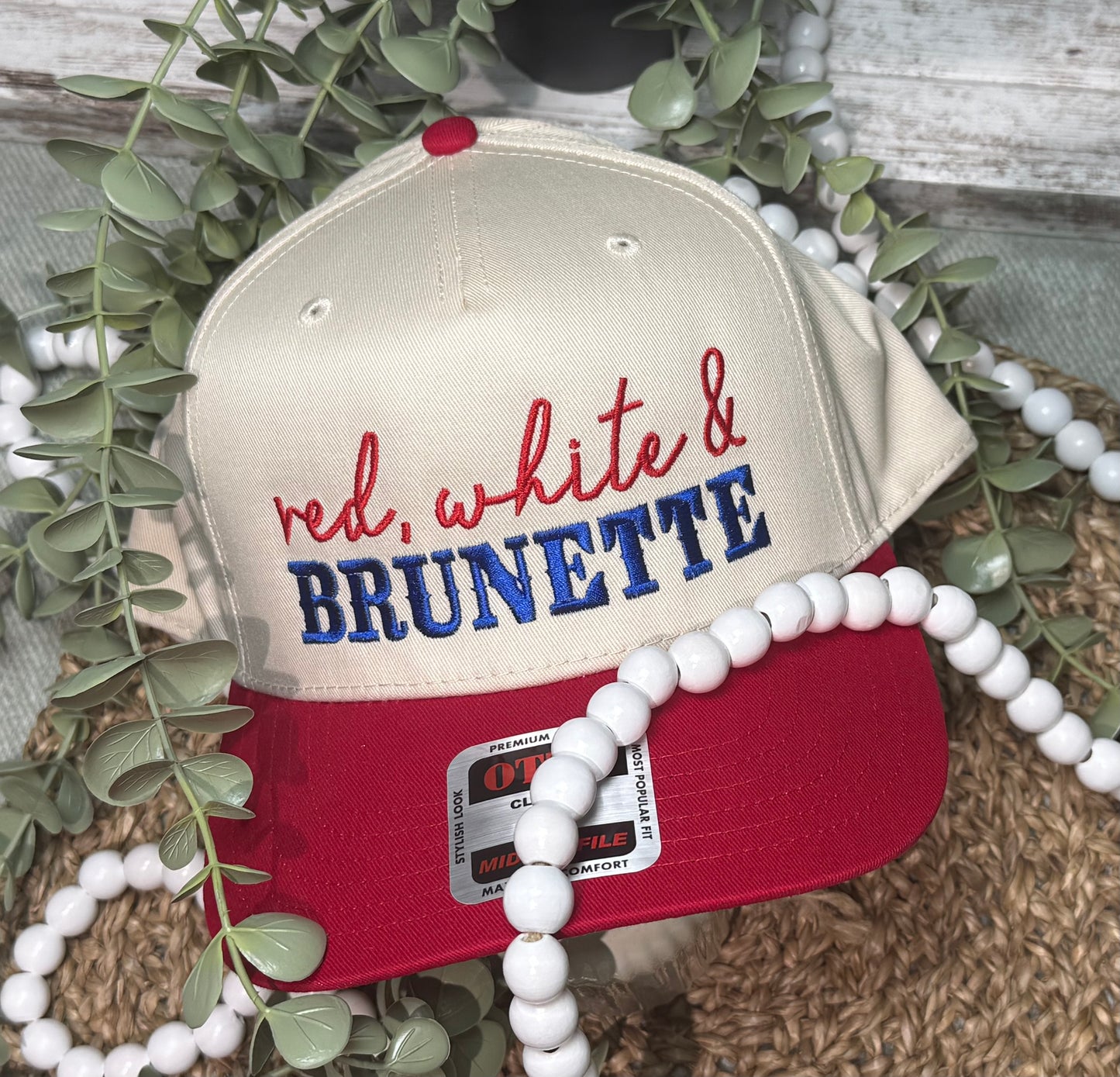 Red, White & Brunette Blonde Embroidered Structured Hat