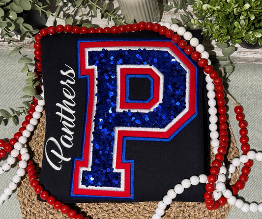 Panthers Double Appliqué Embroidered Shirt. letter name mascot sports sequins
