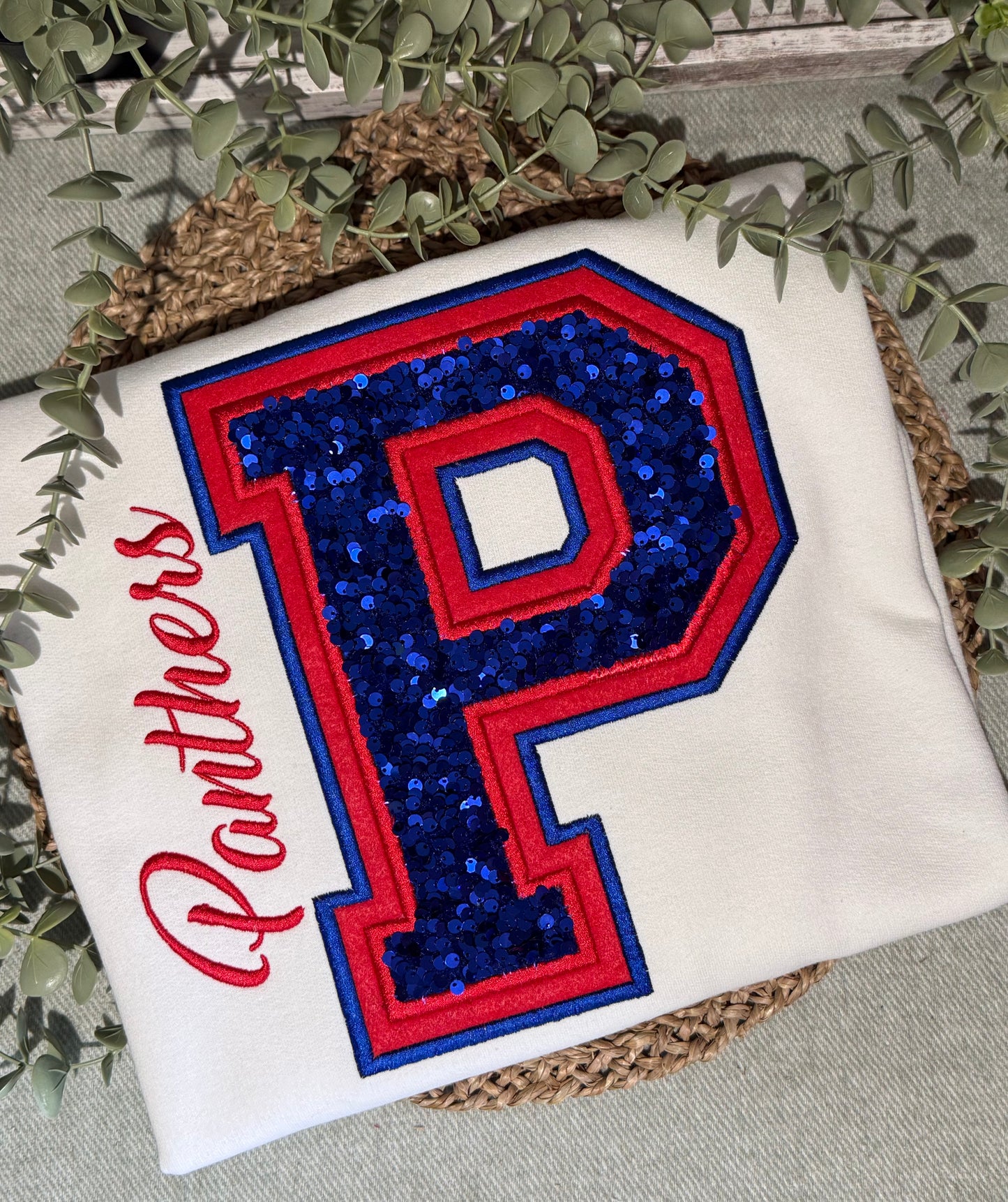 Panthers Double Appliqué Embroidered Shirt. letter name mascot sports sequins