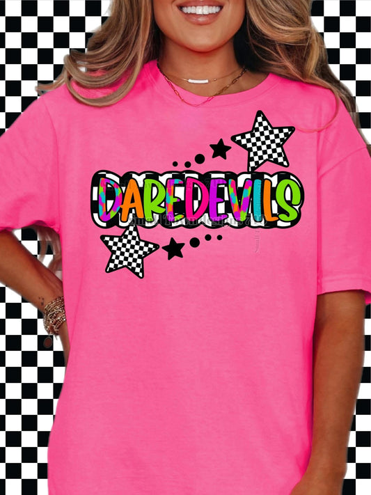 Daredevils neon checkered graphic shirt