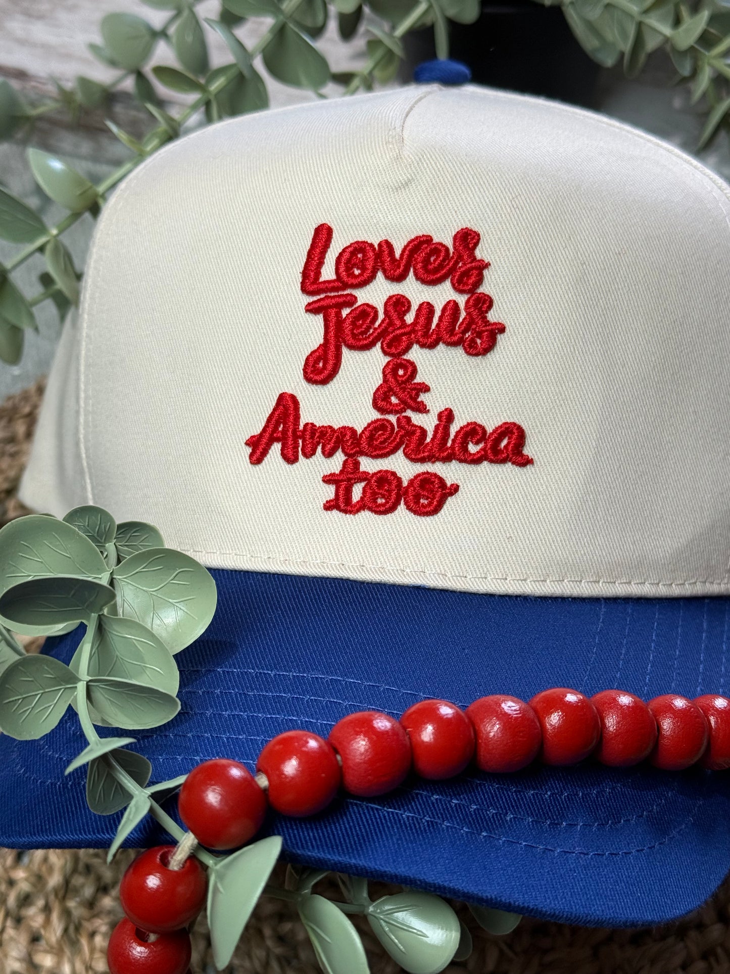 Loves Jesus and America Too Puff Embroidered Structured Hat