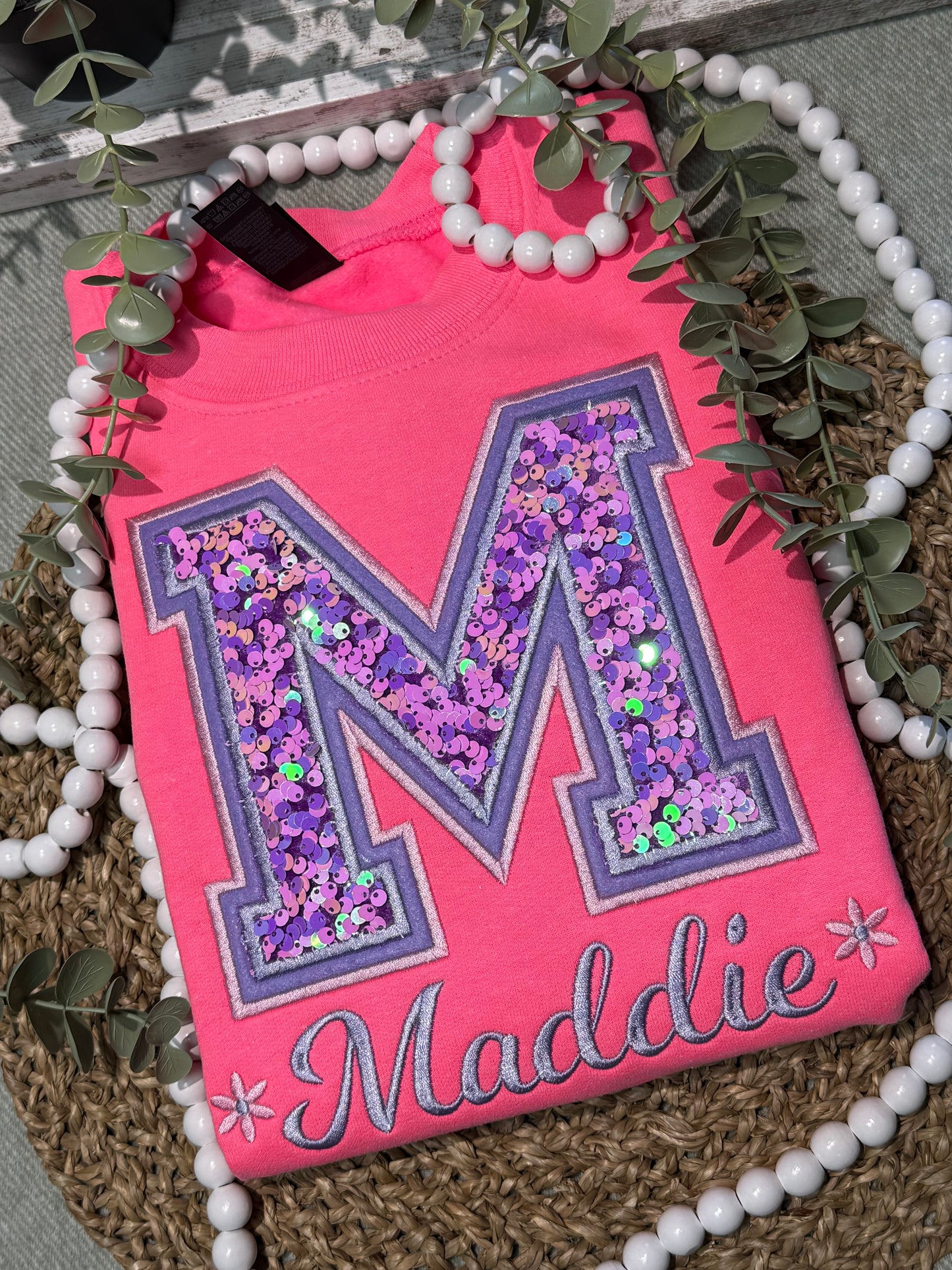 Custom Varsity Letter Sequin Embroidered Sweatshirt. sequins