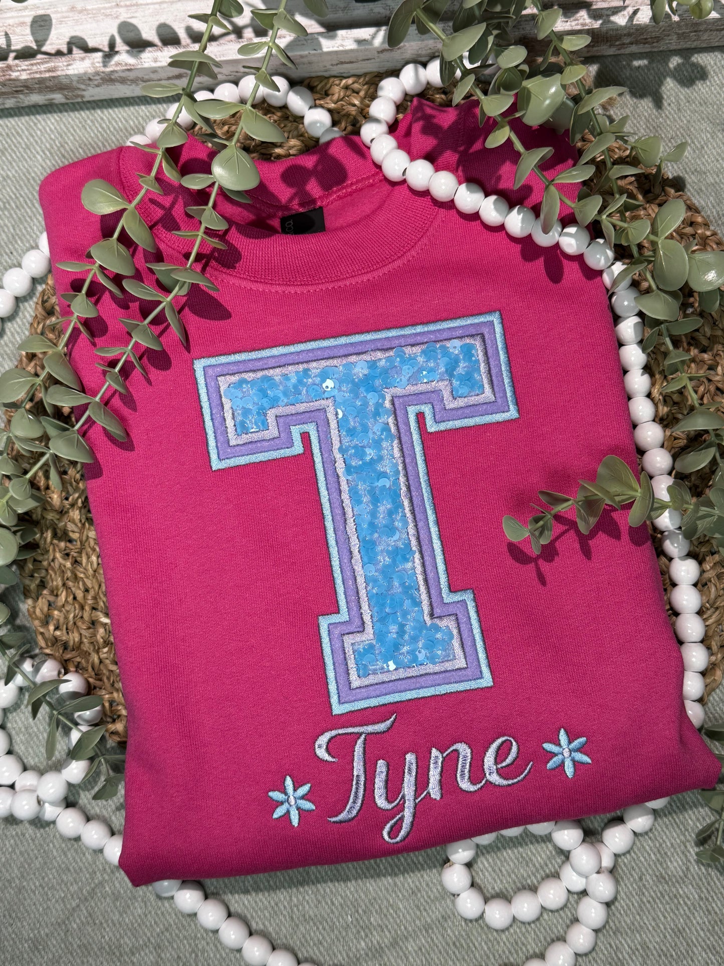 Custom Varsity Letter Sequin Embroidered Sweatshirt. sequins