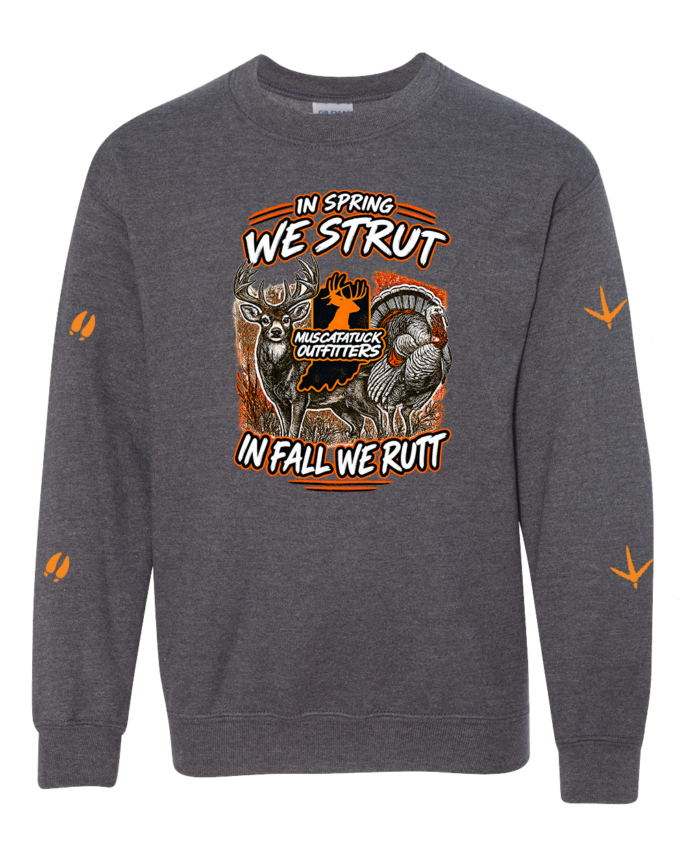 Muscatatuck Outfitters In Spring We Strut In Fall We Rutt Dk Heather Graphic Shirts