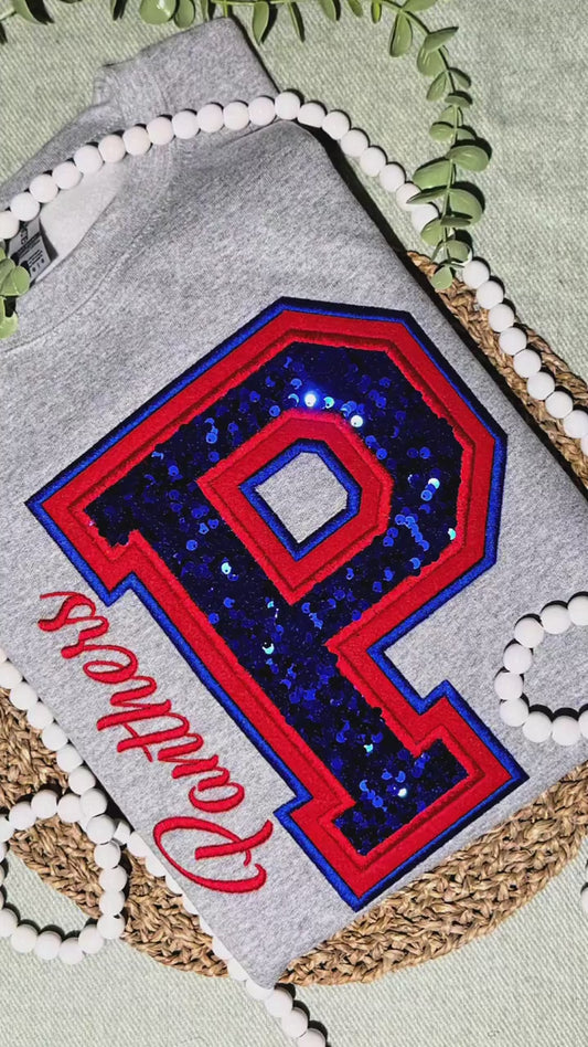 Custom Double Appliqué Embroidered Shirt. letter name mascot sports sequins
